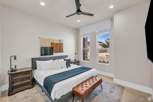 bedroom with baseboards, ceiling fan, visible vents, and recessed lighting
