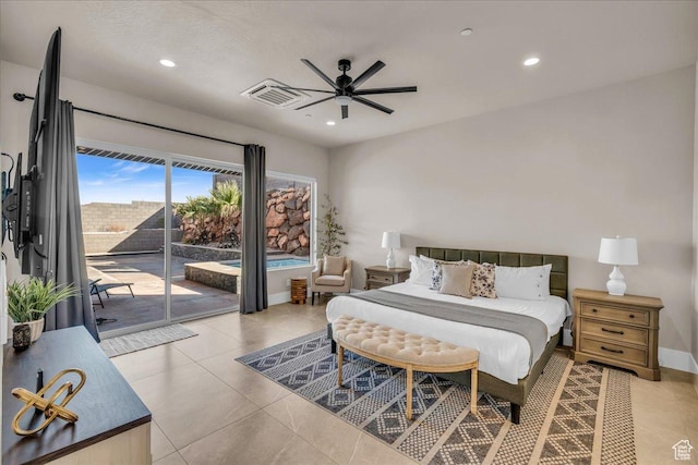 bedroom with light tile patterned floors, recessed lighting, visible vents, baseboards, and access to outside