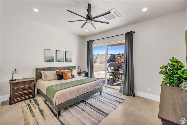 bedroom featuring access to exterior, recessed lighting, visible vents, and baseboards