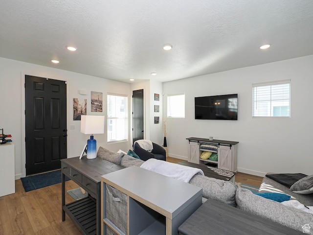 living area featuring a textured ceiling, baseboards, wood finished floors, and recessed lighting