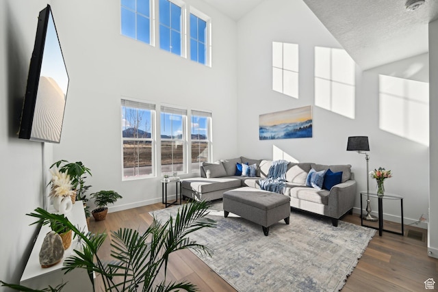 living room featuring high vaulted ceiling, a textured ceiling, baseboards, and wood finished floors