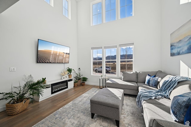living area with plenty of natural light, baseboards, wood finished floors, and a glass covered fireplace