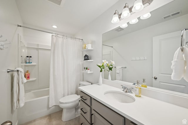 full bath featuring tile patterned flooring, toilet, vanity, visible vents, and shower / tub combo with curtain