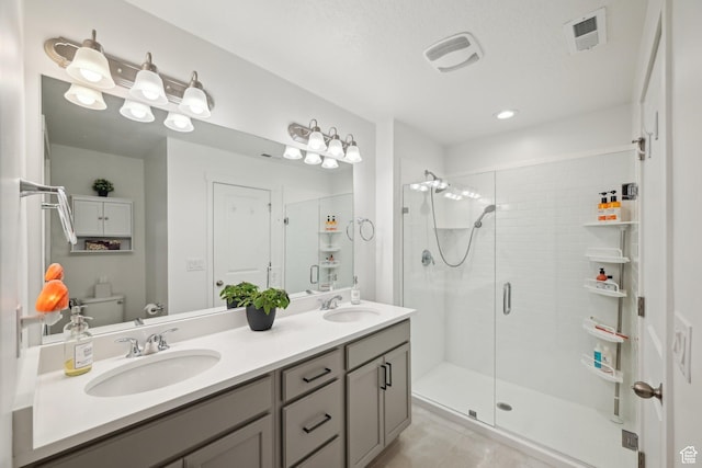 full bath with a shower stall, visible vents, and a sink