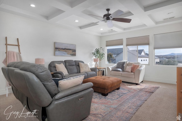 395 W Granite Dr, Washington, UT 84780 - living area featuring coffered ceiling, a ceiling fan, carpet, beamed ceiling, and recessed lighting