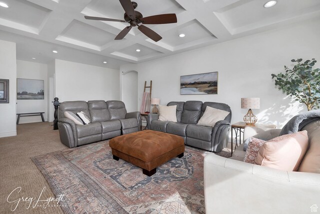 395 W Granite Dr, Washington, UT 84780 - carpeted living room featuring coffered ceiling, recessed lighting, ceiling fan, beam ceiling, and arched walkways