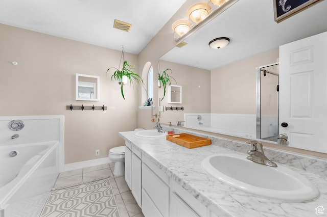full bath featuring visible vents, a sink, a shower stall, and a bath