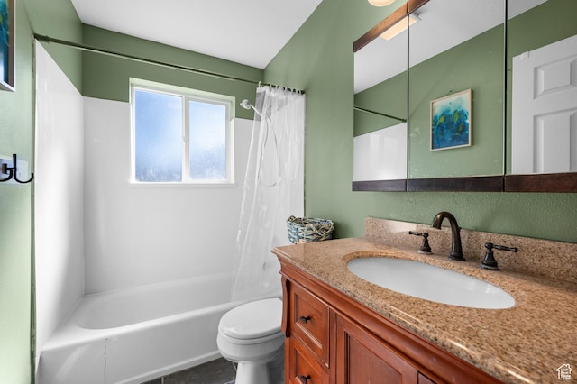 full bathroom featuring vanity, toilet, and shower / bathtub combination with curtain