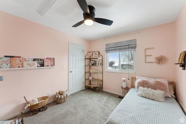 bedroom featuring carpet, ceiling fan, and baseboards