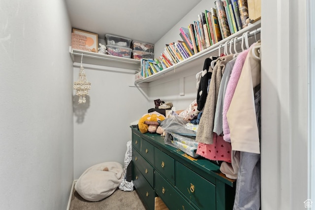 walk in closet with carpet floors