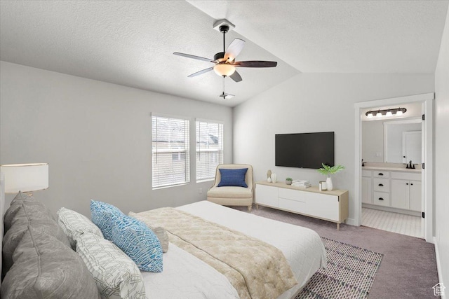 5927 W Lake Ave S, South Jordan, UT 84009 - bedroom with light colored carpet, connected bathroom, vaulted ceiling, a textured ceiling, and ceiling fan