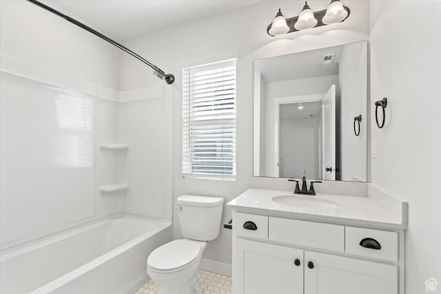 5927 W Lake Ave S, South Jordan, UT 84009 - bathroom with shower / bath combination, baseboards, visible vents, toilet, and vanity
