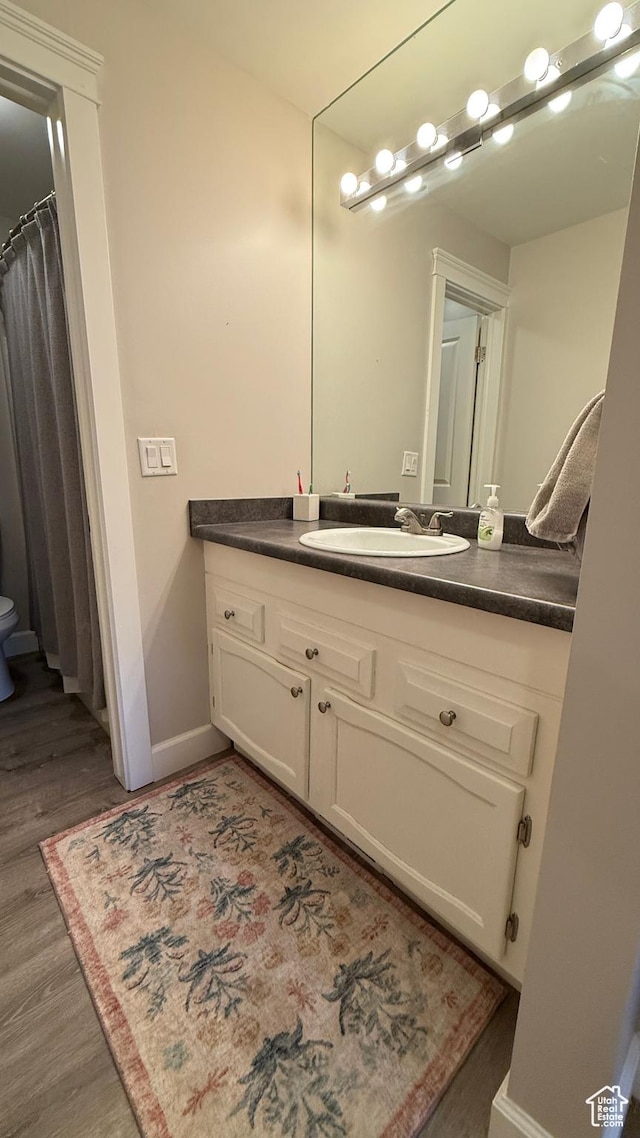 bathroom featuring toilet, vanity, baseboards, and wood finished floors