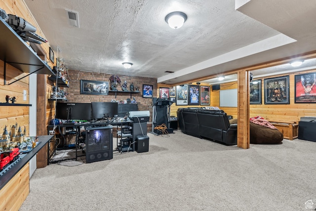 2490 W 12195 S, Riverton, UT 84065 - office space with carpet floors, a textured ceiling, wood walls, and brick wall