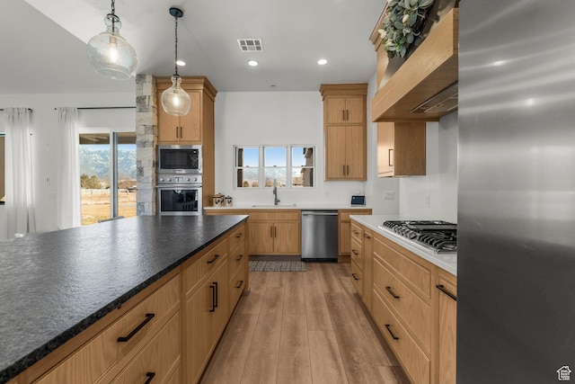 501 W 2300 S, Richfield, UT 84701 - kitchen with visible vents, light wood-style flooring, appliances with stainless steel finishes, custom exhaust hood, and a sink