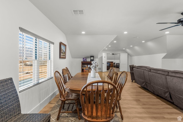 501 W 2300 S, Richfield, UT 84701 - dining area featuring ceiling fan, lofted ceiling, recessed lighting, visible vents, and light wood finished floors