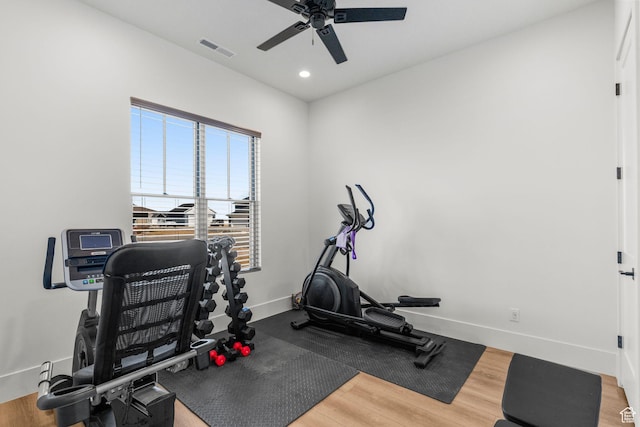 501 W 2300 S, Richfield, UT 84701 - workout area featuring recessed lighting, visible vents, ceiling fan, wood finished floors, and baseboards
