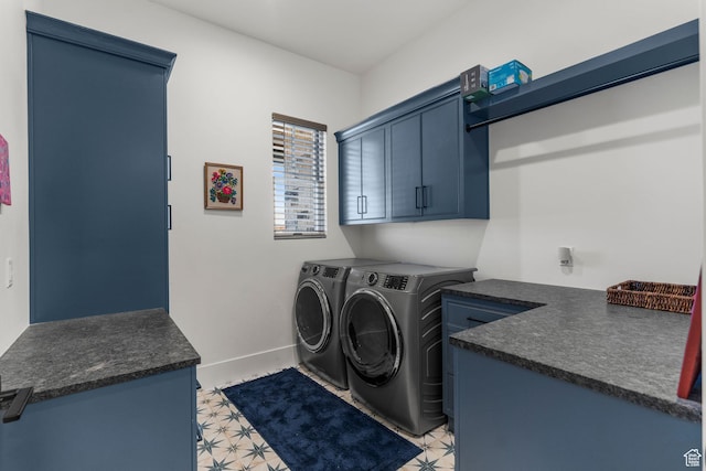 501 W 2300 S, Richfield, UT 84701 - washroom with light floors, baseboards, cabinet space, and washing machine and clothes dryer