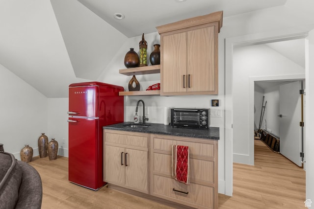 501 W 2300 S, Richfield, UT 84701 - kitchen featuring a toaster, light brown cabinets, a sink, and freestanding refrigerator