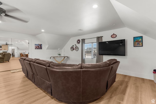 501 W 2300 S, Richfield, UT 84701 - living room featuring lofted ceiling, ceiling fan, light wood-style flooring, and baseboards