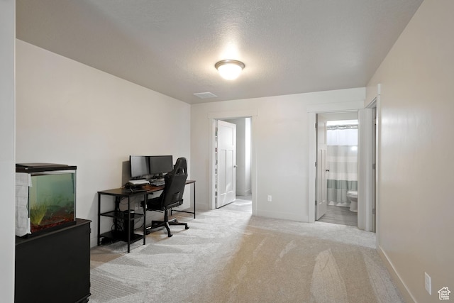 carpeted office space with baseboards and a textured ceiling