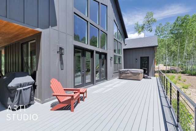 11472 E Marigold Ln, Heber City, UT 84032 - deck featuring a hot tub, french doors, and area for grilling