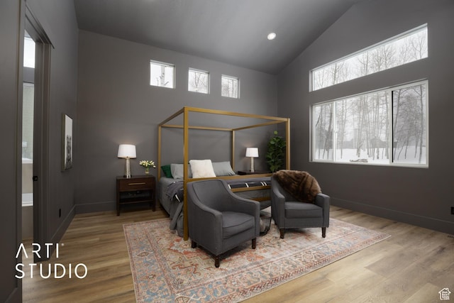 bedroom featuring high vaulted ceiling, baseboards, and wood finished floors