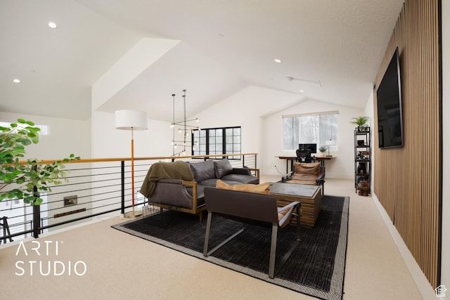 carpeted living room with vaulted ceiling and recessed lighting