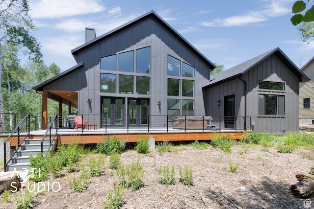 11472 E Marigold Ln, Heber City, UT 84032 - back of house featuring a wooden deck, a chimney, and board and batten siding
