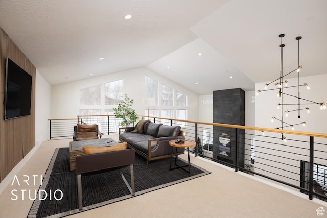 living room with lofted ceiling, carpet, and recessed lighting