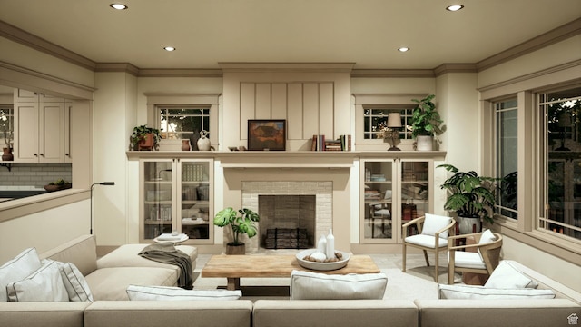 473 S Main St Unit 138, Vineyard, UT 84058 - living area with crown molding, recessed lighting, and a fireplace