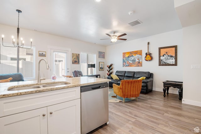 336 N 100 W, Morgan, UT 84050 - kitchen featuring a sink, visible vents, white cabinetry, open floor plan, and stainless steel dishwasher