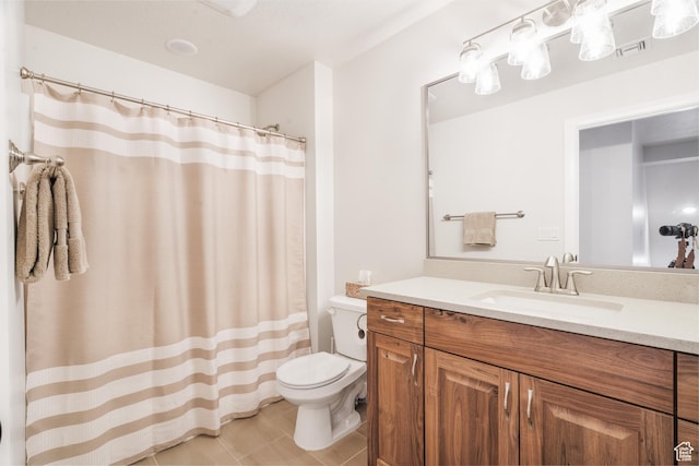 1044 E Southern Homestead Blvd, Enoch, UT 84721 - bathroom with visible vents, a shower with shower curtain, toilet, vanity, and tile patterned flooring