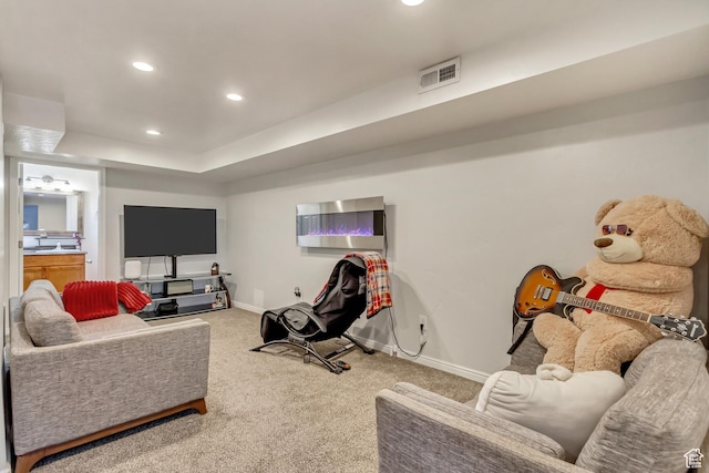 11716 S Grandville Ave, South Jordan, UT 84009 - carpeted living room with recessed lighting, a tray ceiling, visible vents, and baseboards