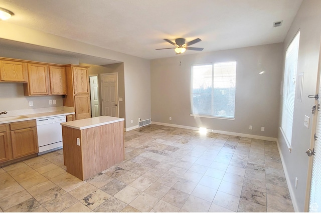 623 W Villa Bluff Dr, Sandy, UT 84070 - kitchen with a ceiling fan, white dishwasher, a sink, and visible vents