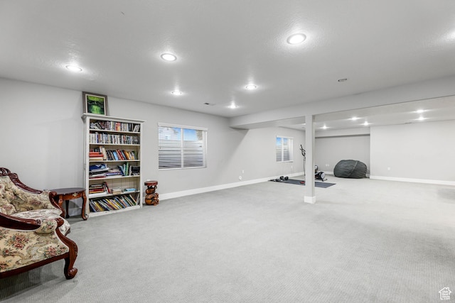 interior space with recessed lighting, carpet flooring, and baseboards