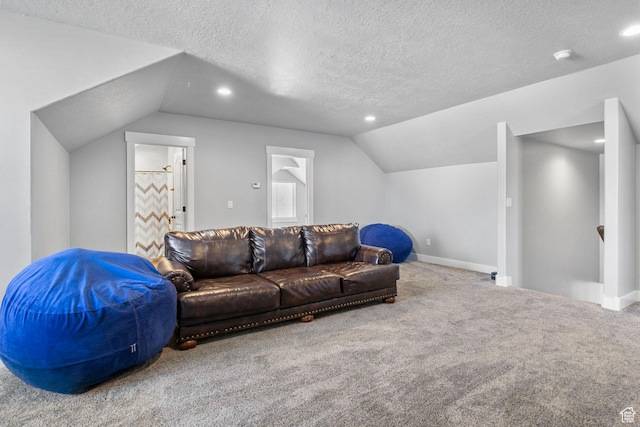 180 S Main St, Fayette, UT 84630 - carpeted living area with baseboards, vaulted ceiling, a textured ceiling, and recessed lighting