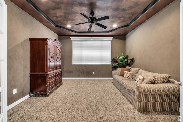 806 N 2500 W, Hurricane, UT 84737 - living room with baseboards, a raised ceiling, ceiling fan, crown molding, and carpet floors