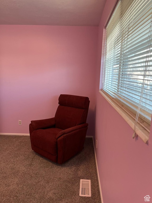 living area featuring carpet, visible vents, and baseboards