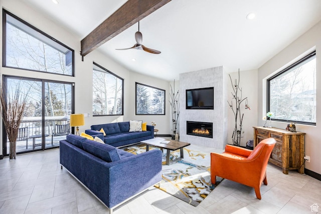 12 Thaynes Canyon Dr, Park City, UT 84060 - living room featuring recessed lighting, ceiling fan, a tile fireplace, beamed ceiling, and baseboards