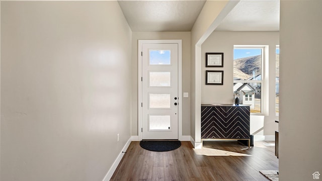 doorway to outside featuring baseboards and dark wood-style floors