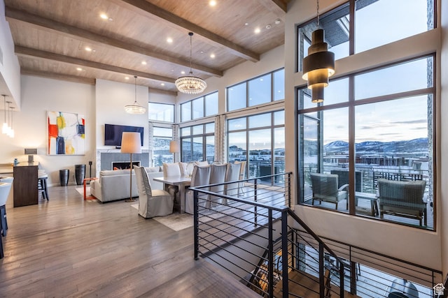 6379 W Golden Bear Loop, Park City, UT 84098 - game room with a towering ceiling, wooden ceiling, beam ceiling, and wood finished floors