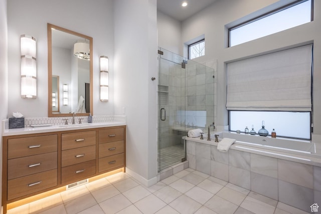 6379 W Golden Bear Loop, Park City, UT 84098 - full bath featuring visible vents, a bath, vanity, tile patterned floors, and a stall shower