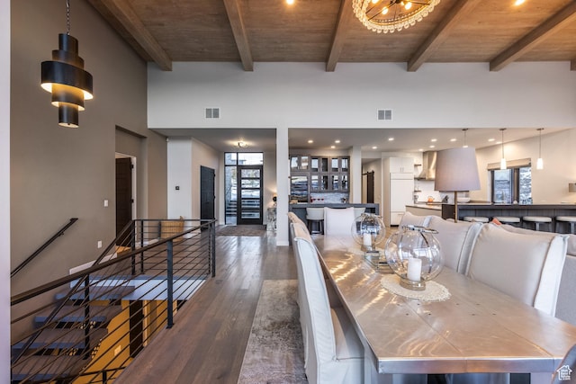 6379 W Golden Bear Loop, Park City, UT 84098 - dining room featuring visible vents, wooden ceiling, beam ceiling, and dark wood-style floors