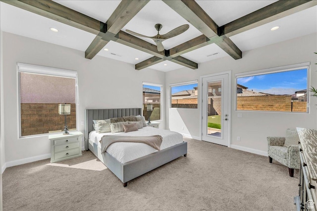 carpeted bedroom featuring access to outside, coffered ceiling, and beam ceiling