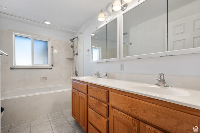 bathroom with double vanity, tile patterned flooring, shower / washtub combination, and a sink