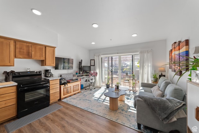 443 W Kane Blvd Unit B305, Moab, UT 84532 - kitchen with recessed lighting, wood finished floors, open floor plan, black electric range, and light countertops