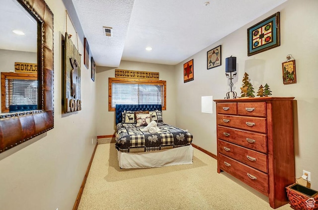 8979 N Timphaven Dr, Sundance, UT 84604 - bedroom featuring visible vents, carpet flooring, a textured ceiling, and baseboards