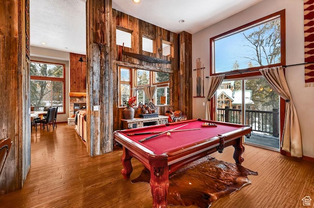 8979 N Timphaven Dr, Sundance, UT 84604 - game room featuring pool table, a towering ceiling, hardwood / wood-style flooring, and recessed lighting