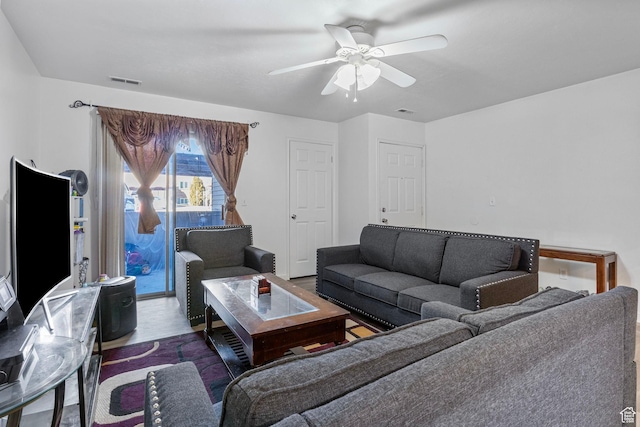 4160 S Oak Meadows Dr W Unit 11, Taylorsville, UT 84123 - living room featuring ceiling fan, wood finished floors, and visible vents
